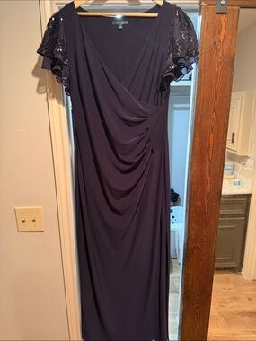 Lauren Ralph Lauren Navy Maxi Dress with Sequin Flutter Sleeves